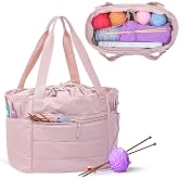 Teamoy Large Knitting Bag, Yarn Storage Tote, Crochet Bag Organizer, Pink | Puffer Yarn Holder with Drawstring, Expandable, for Yarn Skeins, Hooks, Needles and Crocheting Supplies, Soft and Lightweight