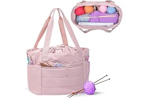 Teamoy Large Knitting Bag Tote, Puffer Yarn Storage Bag, Drawstring Crochet Bag Organizer for Yarn Skeins and Crocheting Supp