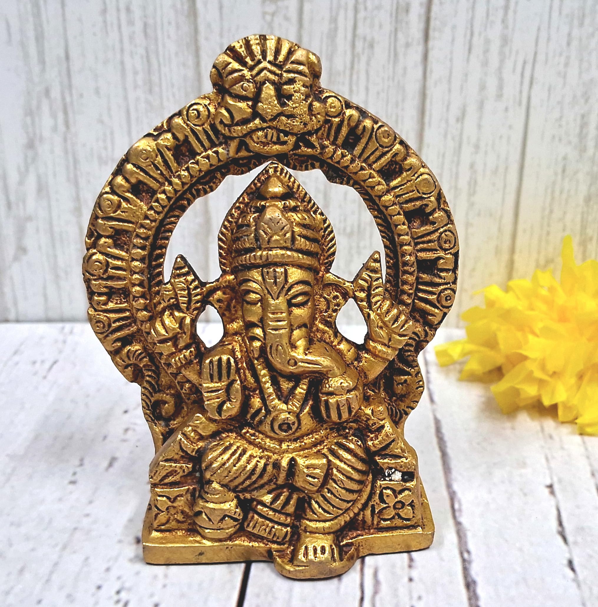 Purpledip Brass Idol Ganesha In Mandap: Decorative Statue For Home Temple (12172A)