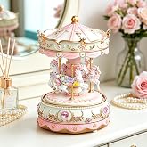 HKZTUY Pink Carousel Music Box with Rotating Horses and LED Light | 18 note wind up melody with soft color changing glow for tabletop decor and thoughtful gift giving