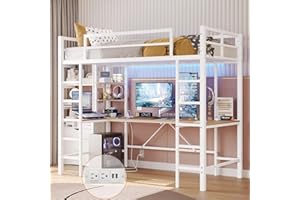 DICTAC Loft Bed Twin Size with U-shaped Desk and Led Lights Metal Twin Loft Bed with Charging Station and Storage Shelves, loft Beds for Kids/Teen with Safety Guard & Ladder,No Box Spring Needed,White