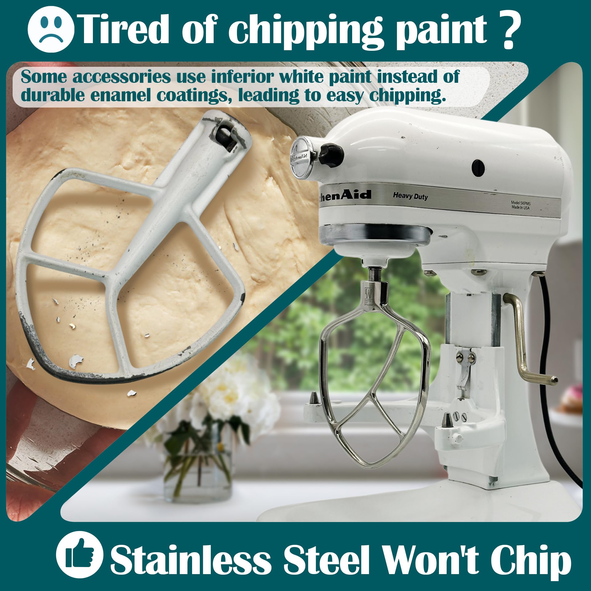 Stainless Steel Flat Beater - Compatible with KitchenAid 4.5-5qt Bowl-Lift Mixer, Fits Heavy Duty, Professiona HD, Pro 450, Pro 500, Limited Edition, ProLine Series, K5A, K4SS, K5SS, KSM5, KSM50