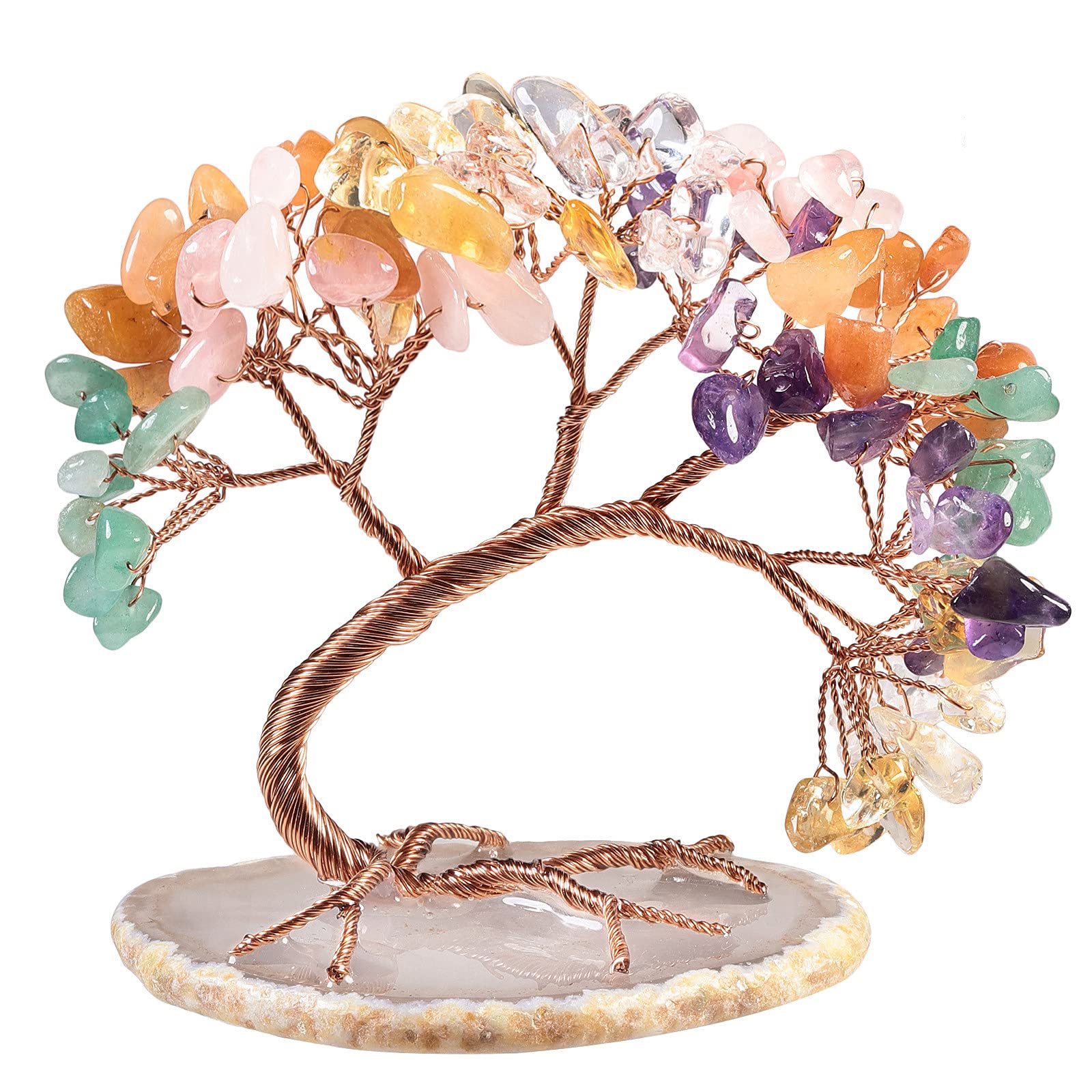 Nupuyai 7 Chakra Crystal Tree with Agate Slice Base, Money Tree Figurines Fengshui Ornament for Home Office Wedding Decoration