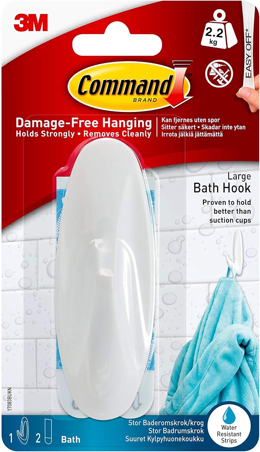 Command 17083B Large Hook with Water Resistant Strips (Pack of 2, 1 Hook and 2 Large Adhesive Strips Each)