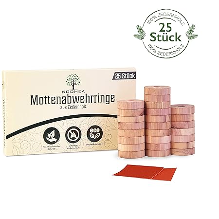 NOOHEA Natürlicher Bio Mottenschutz aus Zedernholz [25 Stück] - effektive Mottenabwehr für Kleiderschrank - chemiefrei und bi