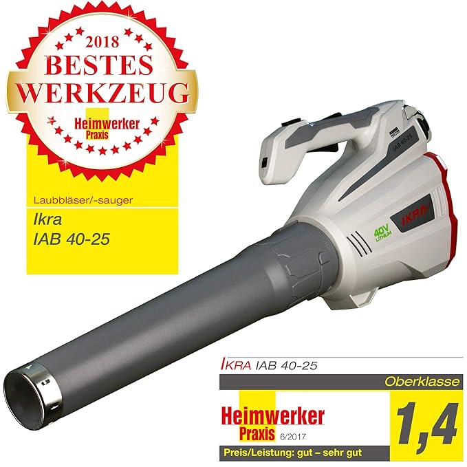 IKRA Akku Laubbläser IAB 40-25 Blasgeschwindigkeit max. 320 km/h 40V Lithium-Ion Laufzeit max 60 Min ergonomisch