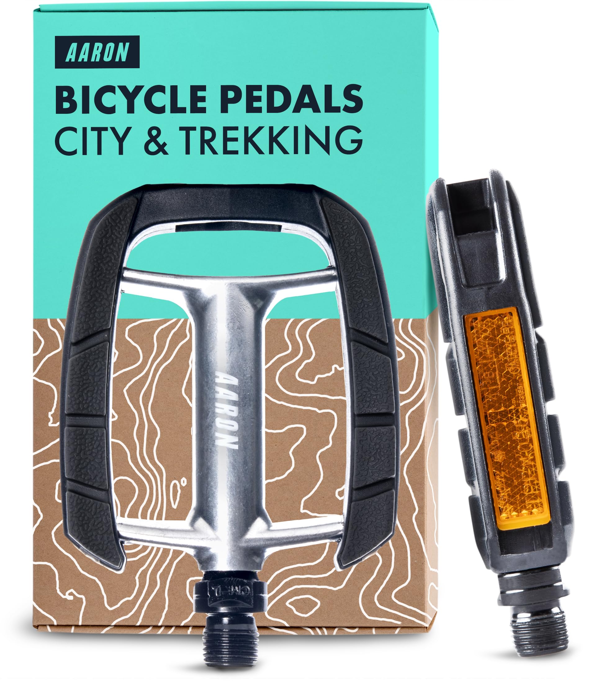 AARON City Bicycle Pedals with Non-Slip Rubber Grip and Sealed Industrial Ball Bearing, Trekking Pedals with Reflectors for E-Bike, Trekking Bike, City Bike, Silver/Black