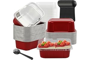 BAKINGPAK Foil Pans With Lids, 30PCS 5.5OZ Aluminum Cupcake Liners With Lids Mini Loaf Pan Disposable Individual Cake Pans Disposable Baking Cups For Wedding Brithday Holiday Party,Red
