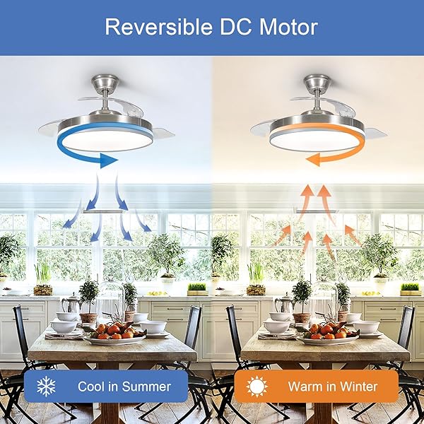 DEPULEY 42″ RETRACTABLE CEILING FAN: MODERN SILENT SMART SLIM CEILING FANS WITH LIGHTS AND REMOTE/APP CONTROL – 6 SPEEDS DIMMABLE REVERSIBLE MEMORY LED FANDELIER FOR BEDROOM LIVING ROOM NICKEL+ GREY