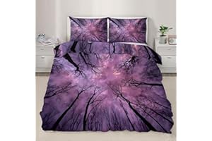 Tree Duvet Cover Full Size, Purple Starry Sky Forest Bedding Set 3 Piece, Nature Universe Patterned Comforter Cover with Zipp
