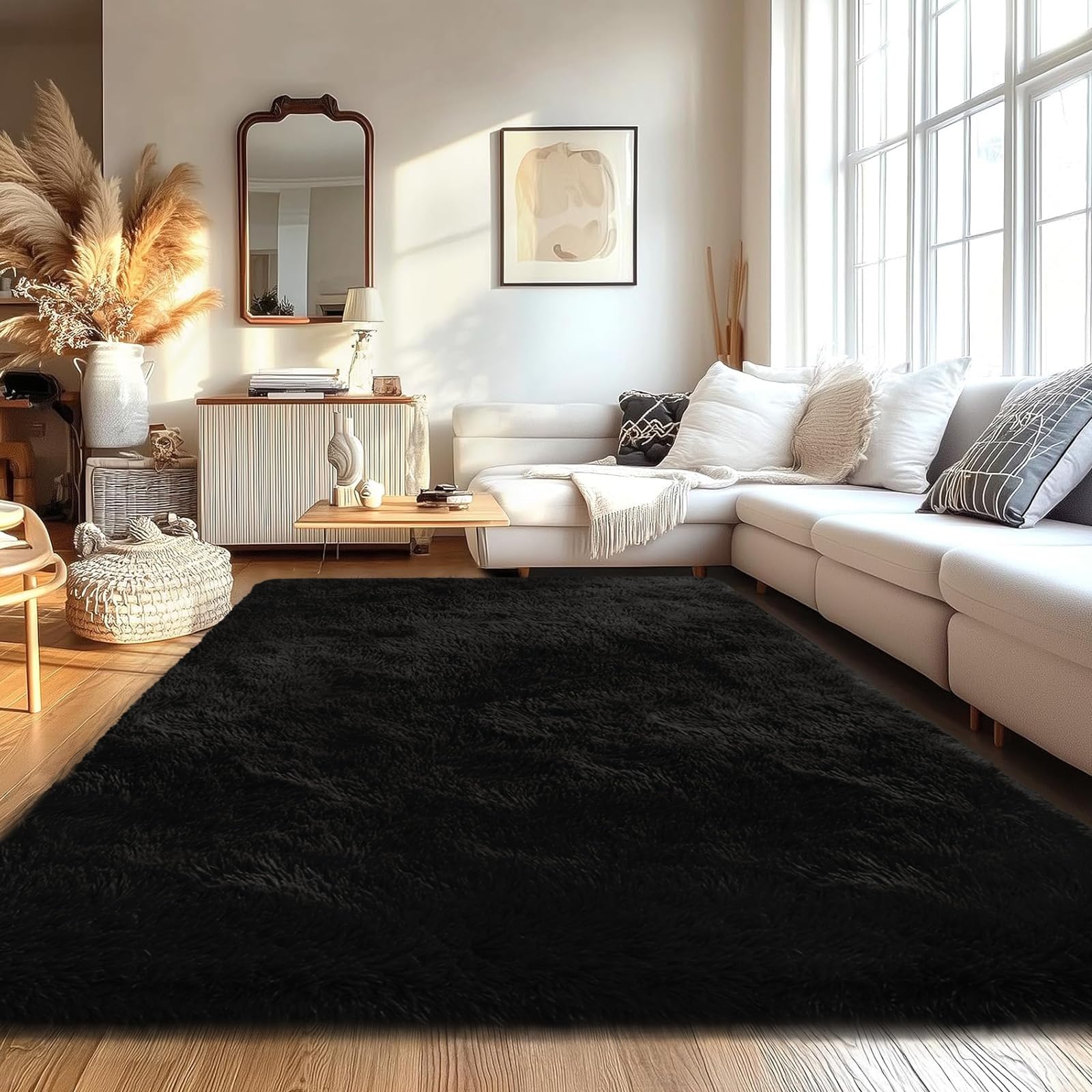 FVVRAX 180x270cm Black Shaggy Rug – Soft Fluffy Area Rug for Living Room & Bedroom, Non-Slip Plush Carpet for Kids, Nursery, Dorm, Machine Washable Large Floor Mat
