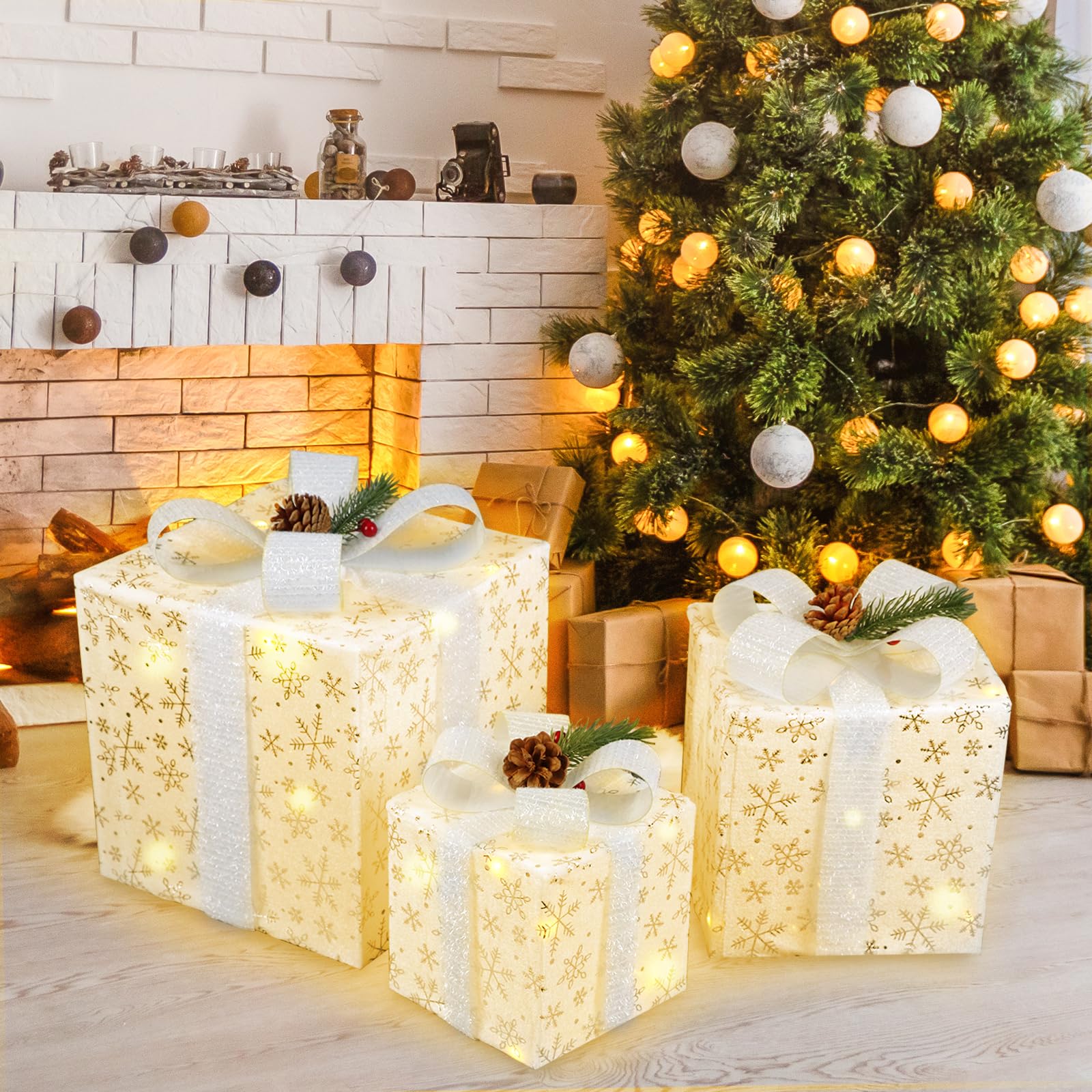 BigKing LED Christmas Three-Piece Gift Box, Exquisite Snowflake Shape, Universal Decorative Lights Suitable for Christmas Trees
