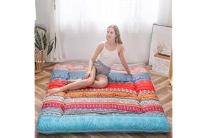 MAXYOYO Bohemian Retro Floor Mattress Vintage Floral Japanese Futon Mattress Roll Up Tatami Floor Mat Foldable Bed Portable Camping Mattress Sleeping Pad Floor Lounger Couch Bed Queen Size