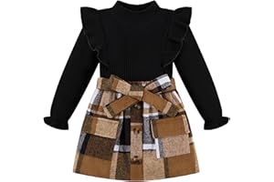 Weixinbuy Toddler Girl Fall Winter Clothes Solid Long Sleeve Ribbed T-Shirt Knit Tops Plaid Button Mini Skirts Set Outfits