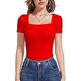 WXXYCS Womens Short Sleeve Square Neck Tops Slim fit T Shirts Sexy Cute Dressy Casual Summer Top Basic Tee Tshirt Blouse