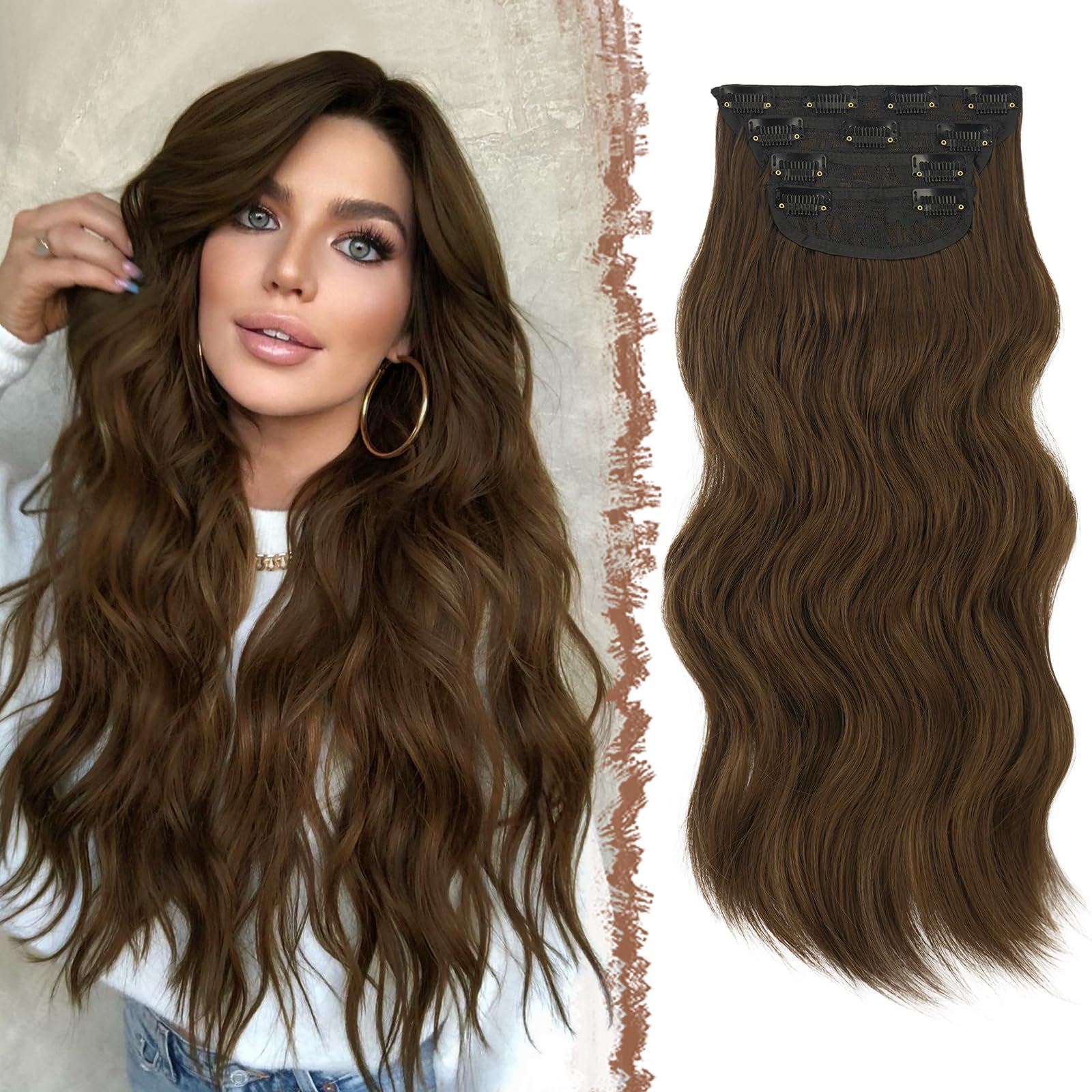 FESHFEN Clip in Hair Extensions 4PCS Chestnut Brown Thick Hair Piece Long Wavy Clip in Extensions Full Head Synthetic Fiber Hairpieces for Women, 20 Inch 180g — image 1