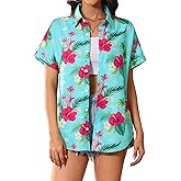 SEAOYOZO Women's Hawaiian Shirt Short Sleeve Tropical Button Down Summer Beach Aloha Luna Floral Hawaii Shirt Lightweight