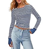 Panadila Womens Striped Long Sleeve Shirts Crewneck Waffle Knit Tops Casual Fitted T Shirts Fall Outfits