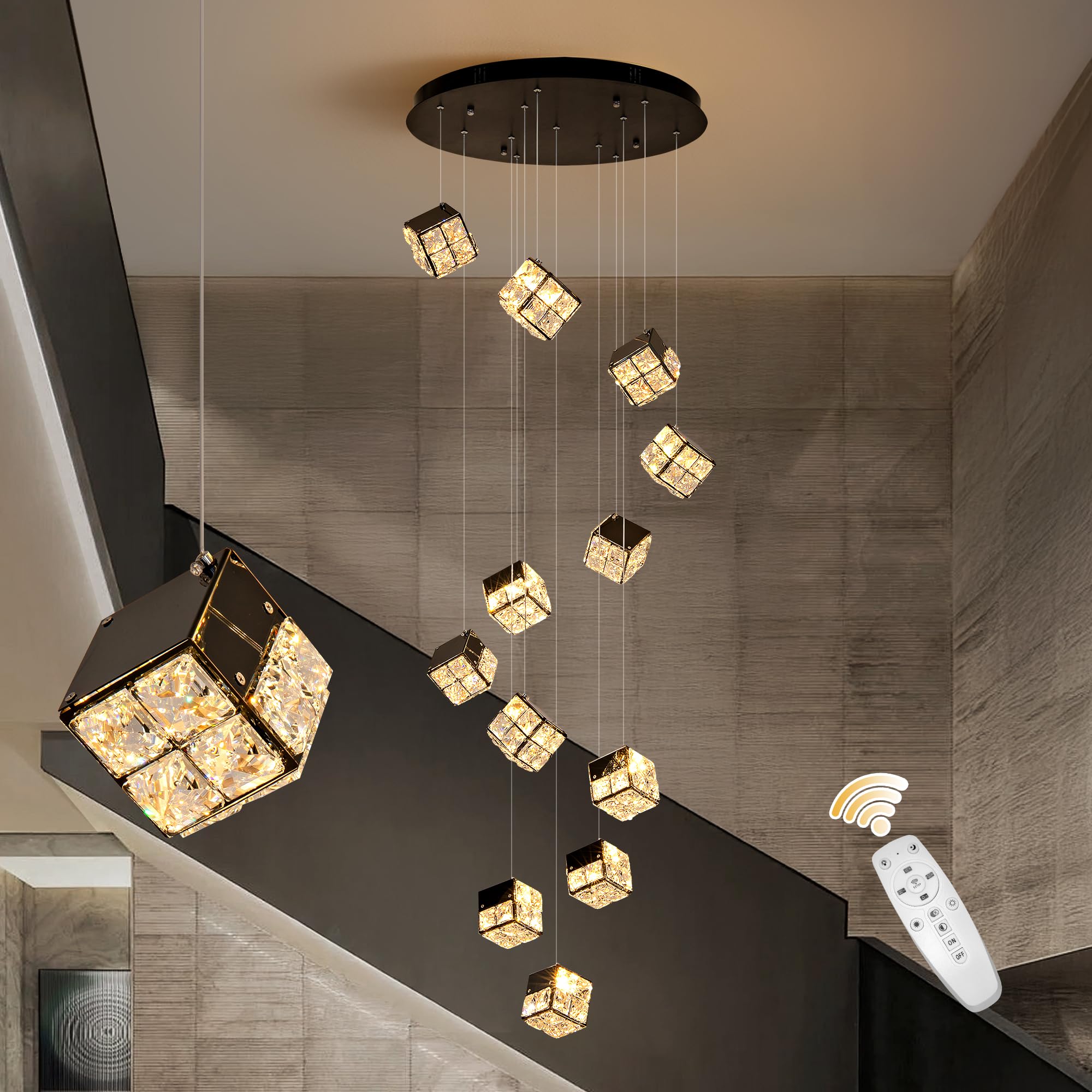 Photo 1 of Kiguak Modern Crystal Staircase Chandelier for High Ceilings, 118", Dimmable LED with Remote, Spiral Long Crystal Chandeliers for Staircase, Double-Height, 2-Story Foyer, Entryway, High Ceiling