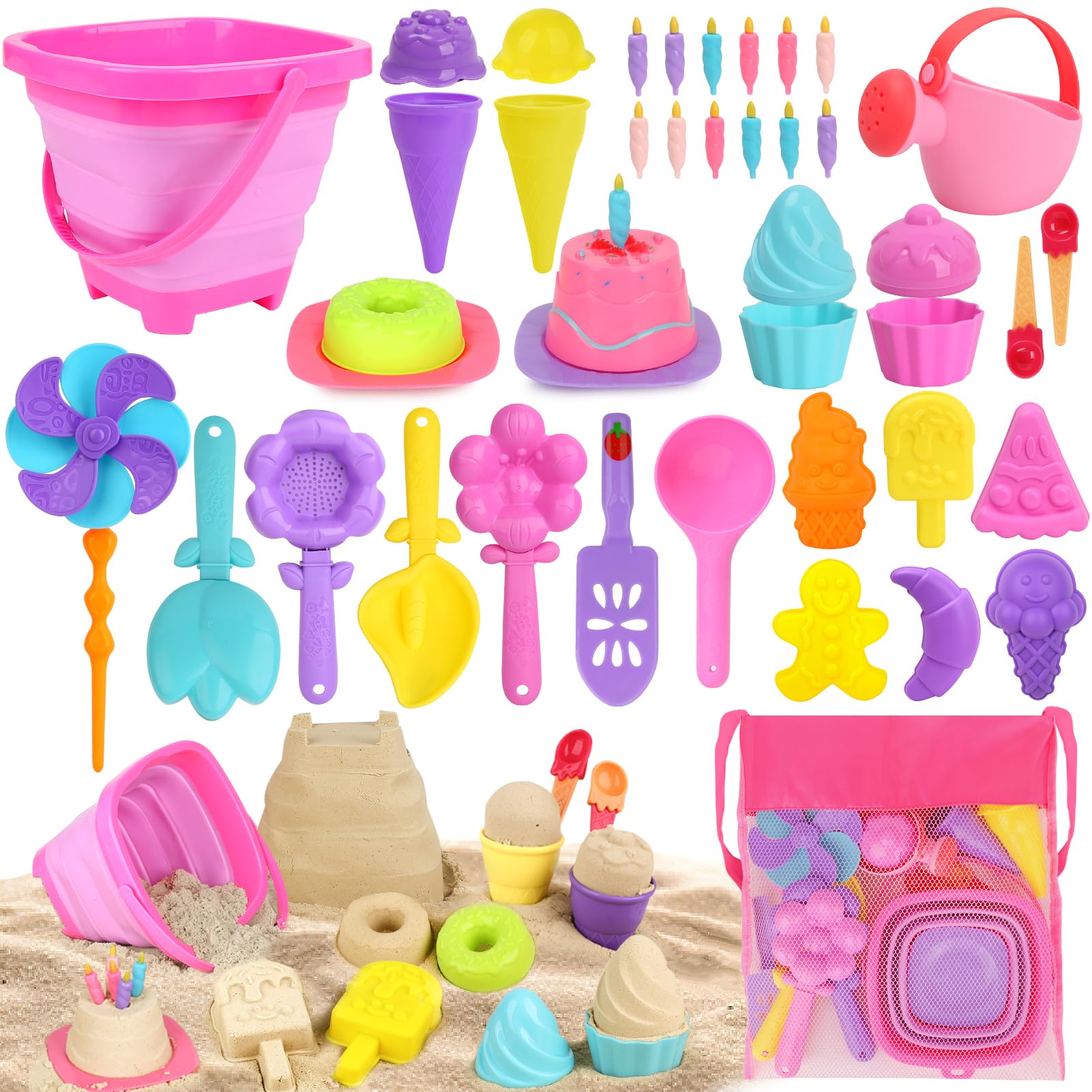 Photo 1 of Collapsible Beach Toys Set for Kids 3-10, Collapsible Sand Bucket Shovels Set with Mesh Bag and Beach Molds, Ice Cream Sand Toys for Beach, Sandbox Travel Toys for Kids Toddlers Girls