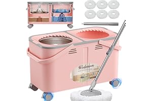 WODEMOM 2025 Upgraded Gen 2 Spin Mop and Bucket Set with 4 Swivel Wheels for Easy Rolling, Separates Clean & Dirty Water, Floor Mop with 6 Washable Mop Heads for Wood, Tile, Vinyl, Baseboards - Pink