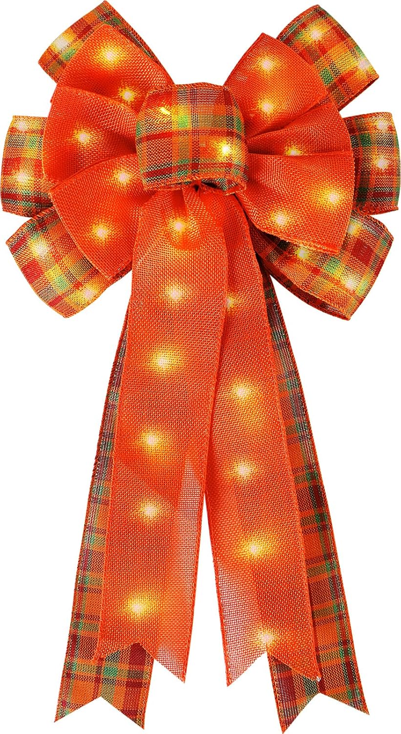 Bows & Ribbons - LED Fall Bows for Wreaths Orange Buffalo Plaid Burlap Bow with LED Lights for Thanksgiving Tree Topper (11 x 21 inch)