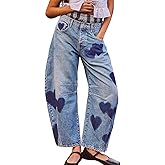 loveimgs Women's Mid Rise Barrel Jeans Wide Leg Baggy Printed Loose Y2k Boyfriend Denim Pants Horseshoe Jeans