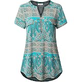 Women's Zip-Up V-Neck Tunic Shirt – 3/4 Rolled Sleeve Casual Blouse, Paisley Green - View #3