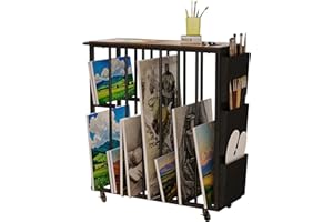 NinPeen Large Art Storage Rack with Wheels and Handle,Metal Art Storage Organizer with Side Pockets,Art Display Stands Drying Painting for Canvas,Frame,Drawing Board,Gallery,Artworks (Brown)