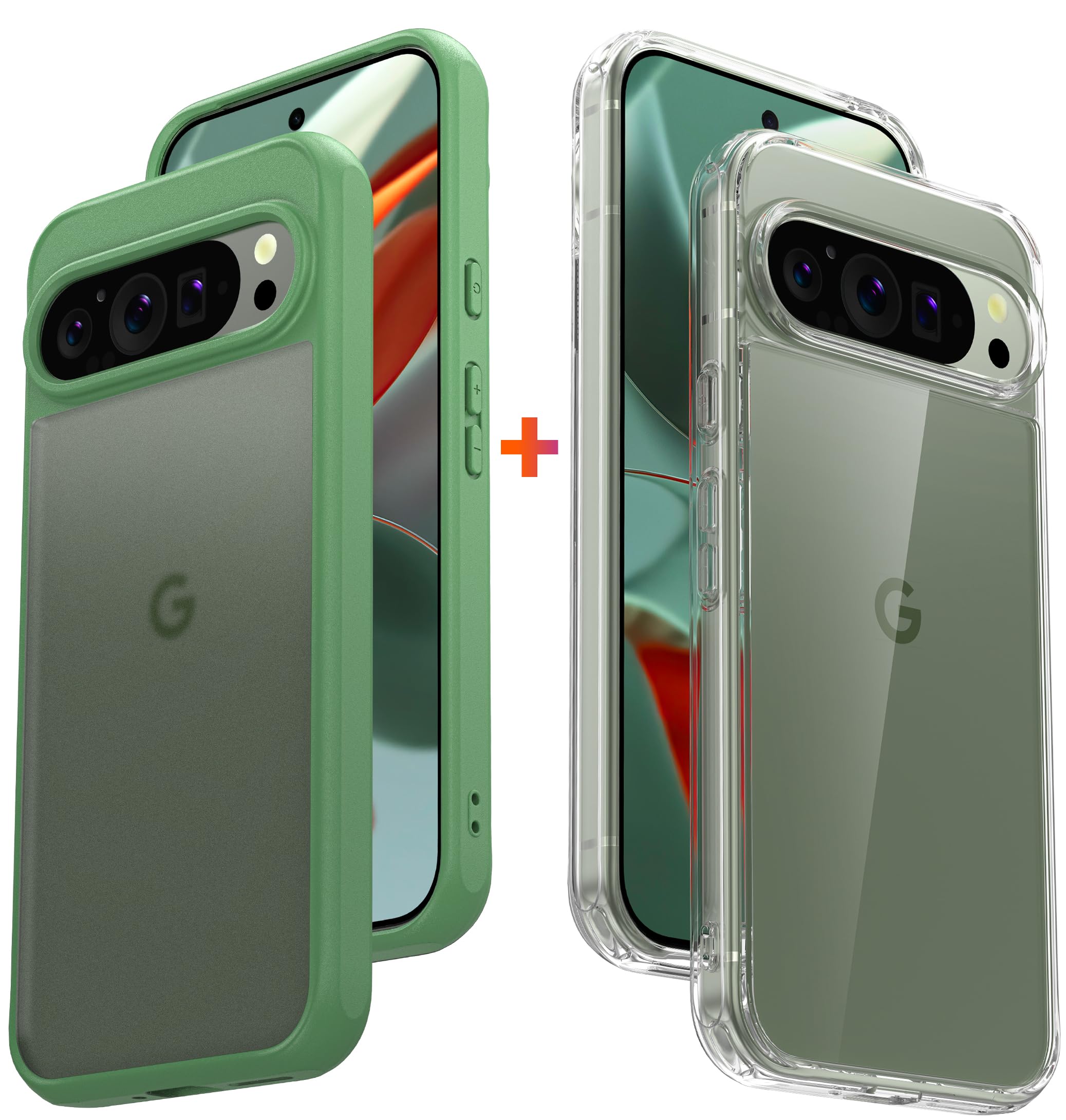 JIC 1+1 Bundle - for Pixel 9 Pro XL Case - [One Crystal Clear Case] + [One Green Translucent Phone Case] - Two Cases, Twice the Style, Double the Guard