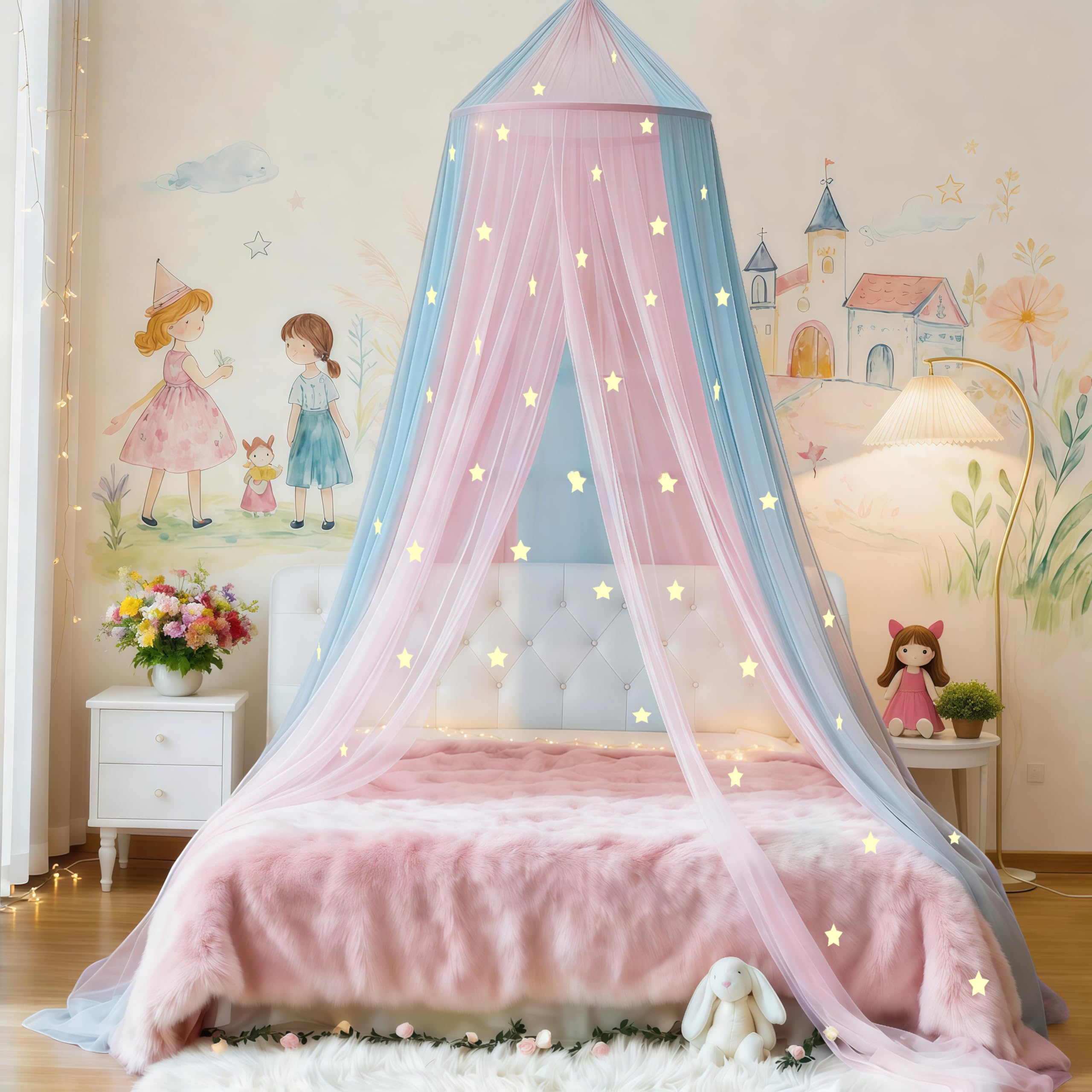 Eimilaly Two-tone Bed Canopy Stars Glow in the Dark Pink Blue, Mosquito Net Bed Canopy for Girls Room Decor, Single Door