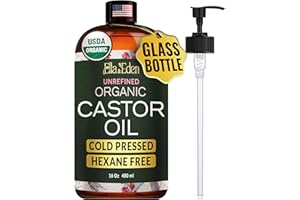 Ella & Eden Castor Oil Organic – Cold Pressed Hexane-Free Unrefined Glass Bottle - For Hair Growth, Face, Skin - USDA Certified 100% Pure – 16 Fl Oz