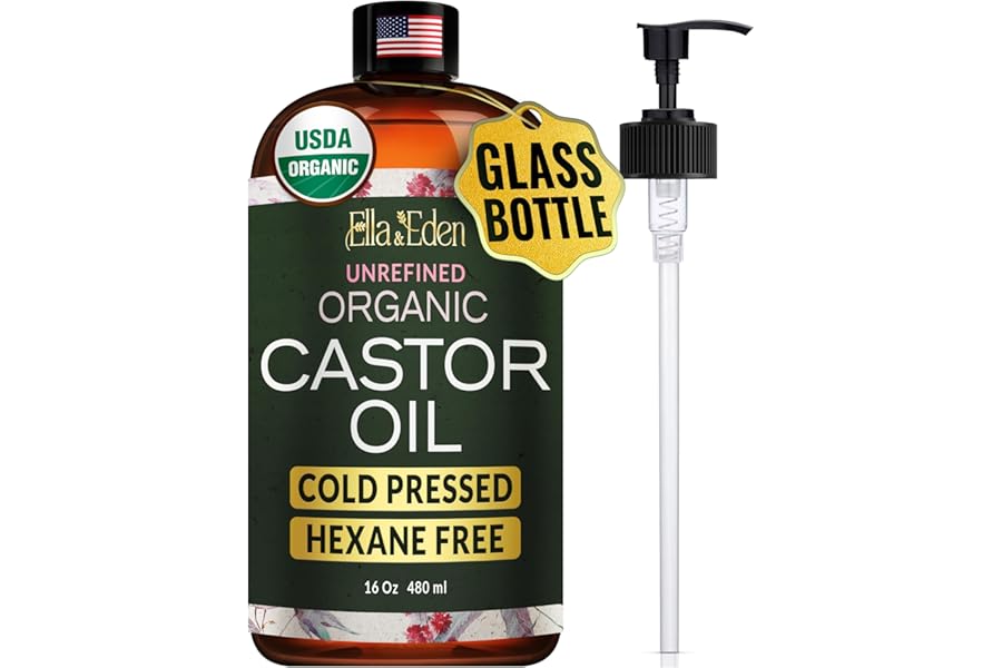 Ella & Eden Castor Oil Organic – Cold Pressed Hexane-Free Unrefined Glass Bottle – For Hair Growth, Face, Skin – USDA Certified 100% Pure – 16 Fl Oz