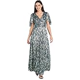 R&M Richards Women's Long Metallic Printed Maxi Dress - Evening Gown W/Flutter Sleeves, Ruched Waist & Back Zipper
