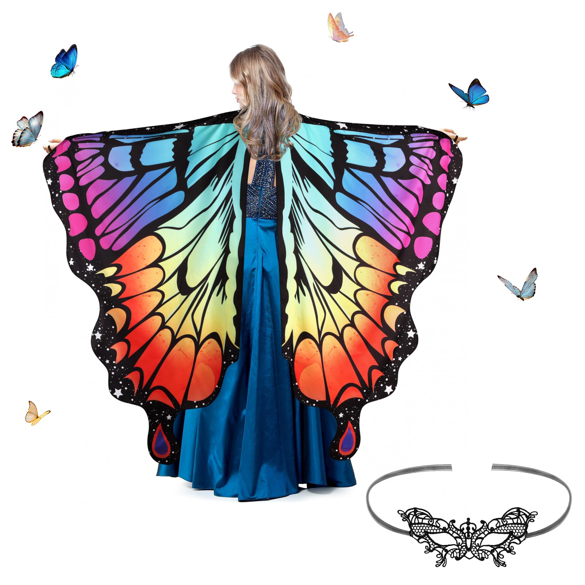 Kaket Butterfly Wings Adult Women with Mask, Womens Butterfly Wings Cape Fancy Dress Up, Butterfly Wings Shawl Adult for Halloween Christmas Party Cosplay Dancing (Style 2- Fluorescent Rainbow)