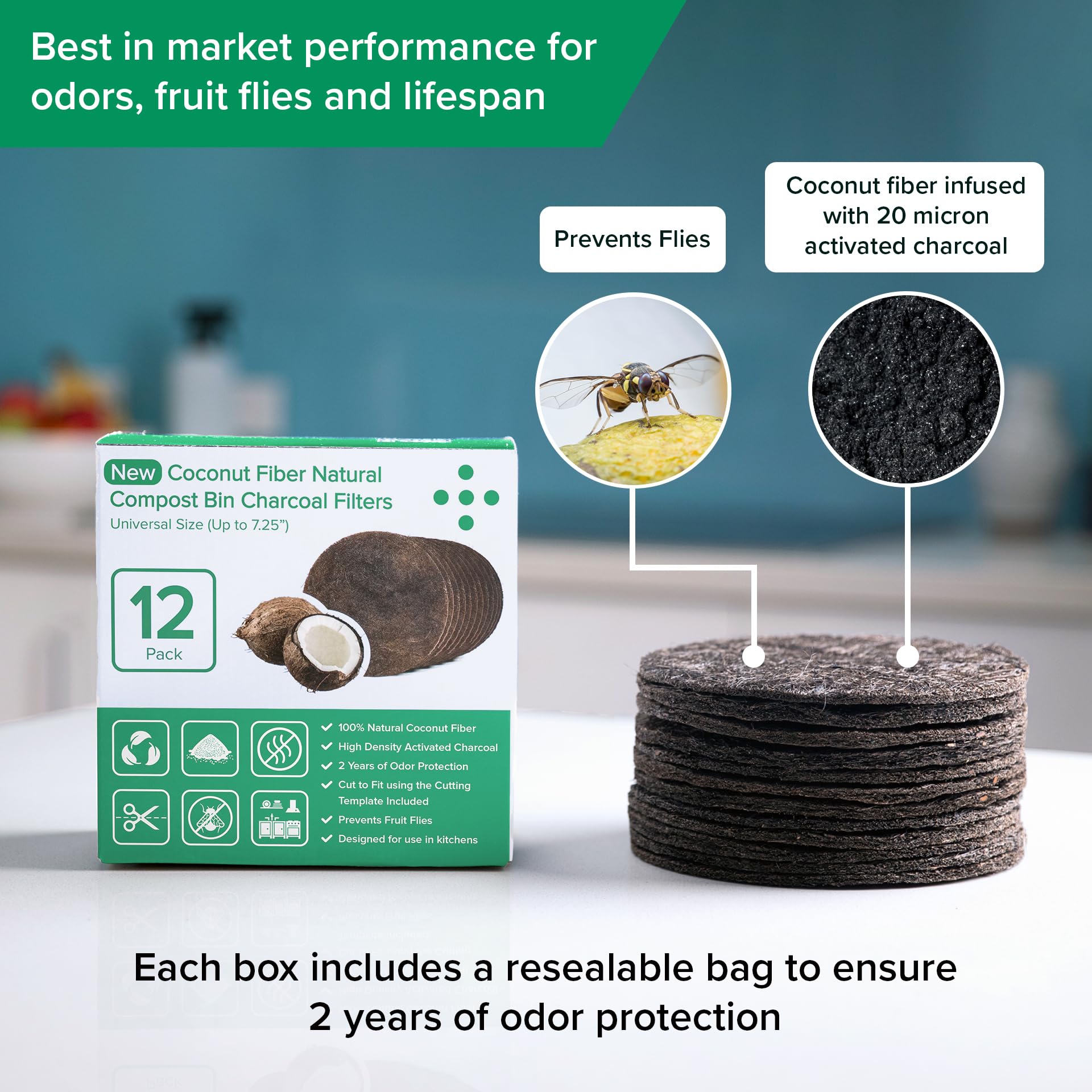 Biodegradable Natural Filter - 2 Years Supply for Kitchen Compost Bins - Longer Lasting Activated Charcoal - Universal Size Fits All Compost Bins up to 7.25