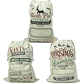 3 PCS Large Santa Sack Christmas Bags with Drawstring, 27.5x19.5 Inch, Reusable Canvas Storage for Holiday Gifts and Party Favors (StyleC-3PCS)