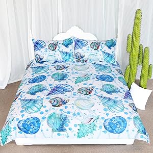 ARIGHTEX Indigo Ocean Seashells Bed Cover Set Aqua Spiral Turquoise Conch Shell Bedspread Coastal Theme Bedding (King)