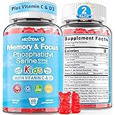 Phosphatidylserine Supplement 100mg, Focus Gummies for Kids Teens + Vitamin C & D3 400IU, Sugar Free Kids Brain Gummies Increase Attention & Concentration, Chewable, Vegan, Gluten Free, Non-GMO 2 Pack