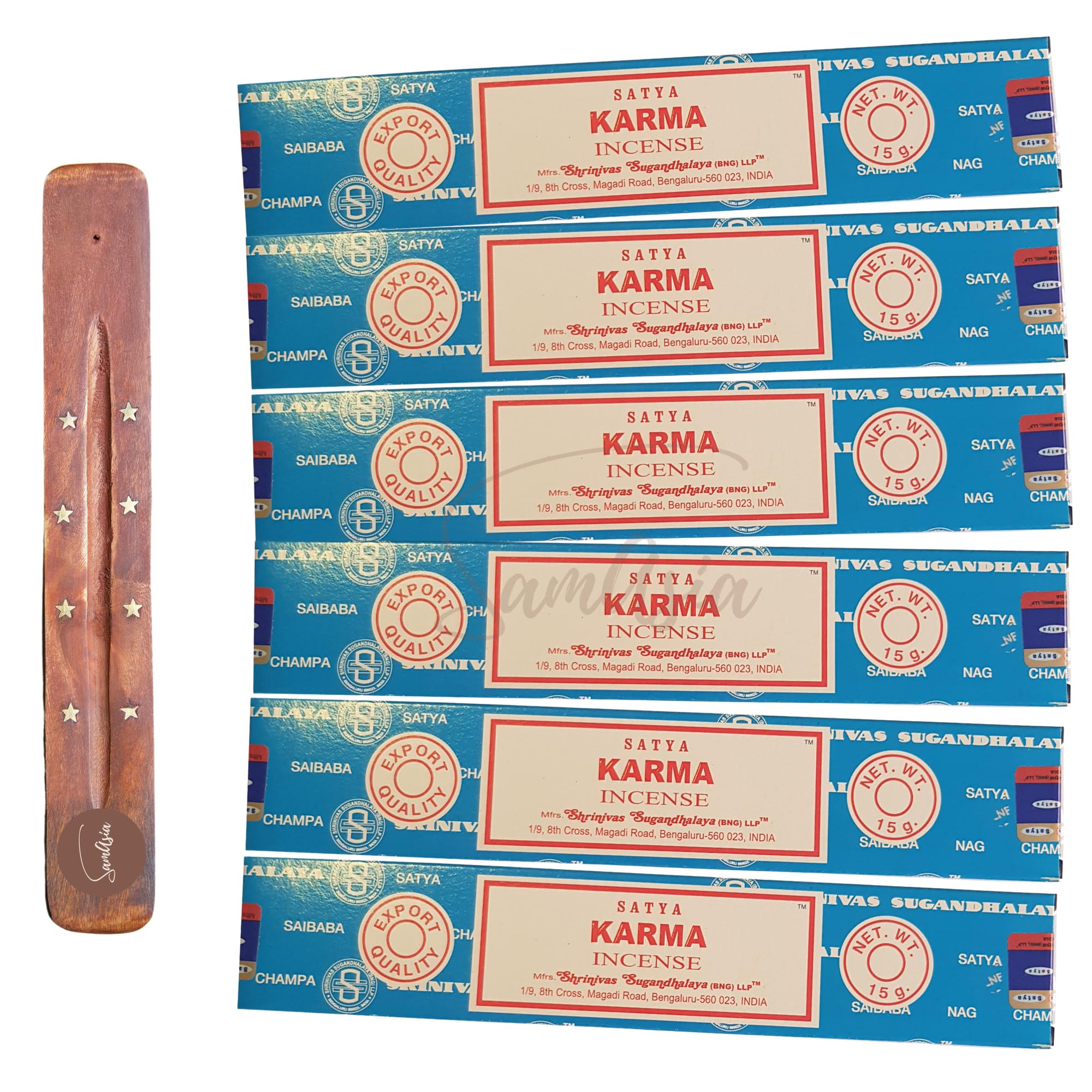 Satya Nag Champa Karma Incense Sticks | x6 pack | with SAMASIA incense sticks holder | Used for Aromatherapy, Spa, Yoga, Weddings, Meditation, Healing, Positivity and Relaxation