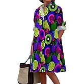 Womens Shirt Dresses Casual V Neck Long Sleeve Fruits Print Loose Flowy Beach Vacation Fashion Dress with Pockets