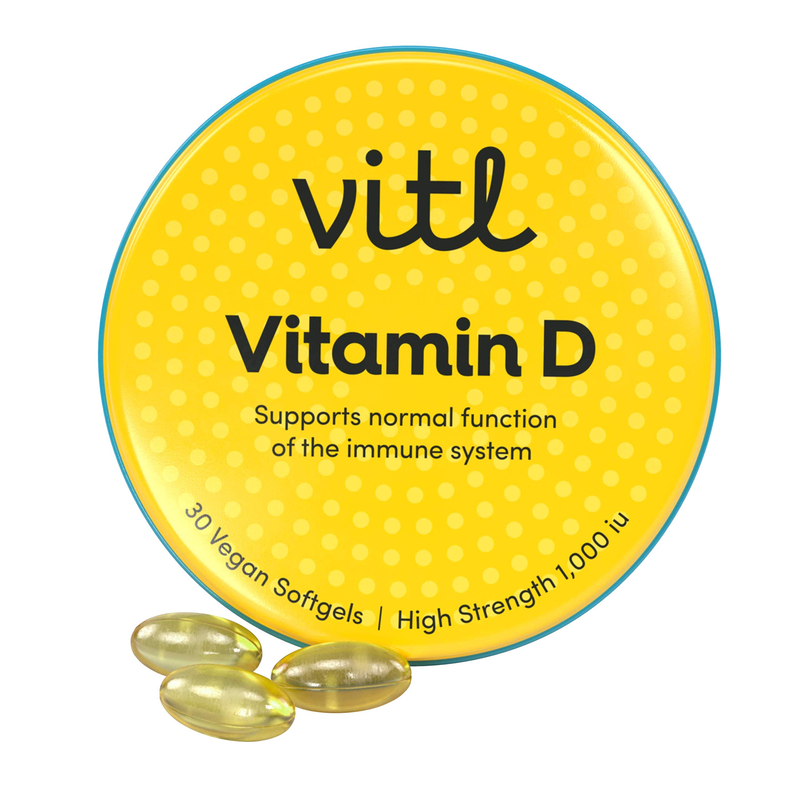 Vitl Vitamin D3, 30 Vegan Capsules - High Strength 1000 IU Softgels - Supports the Immune System, Bones & Joints, Teeth, Muscles & Heart - Easy to Swallow - Pocket-Sized Tin
