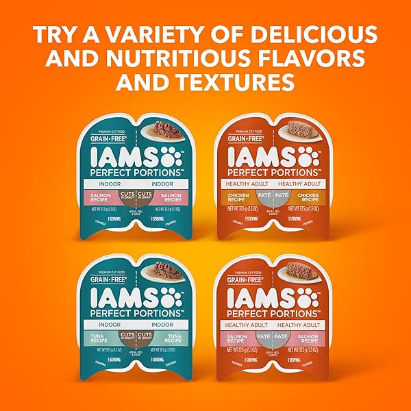 IAMS PERFECT PORTIONS INDOOR ADULT GRAIN FREE WET CAT FOOD CUTS IN GRAVY VARIETY PACK, TUNA RECIPE AND SALMON RECIPE, (12) 2.6 OZ. EASY PEEL TWIN-PACK TRAYS
