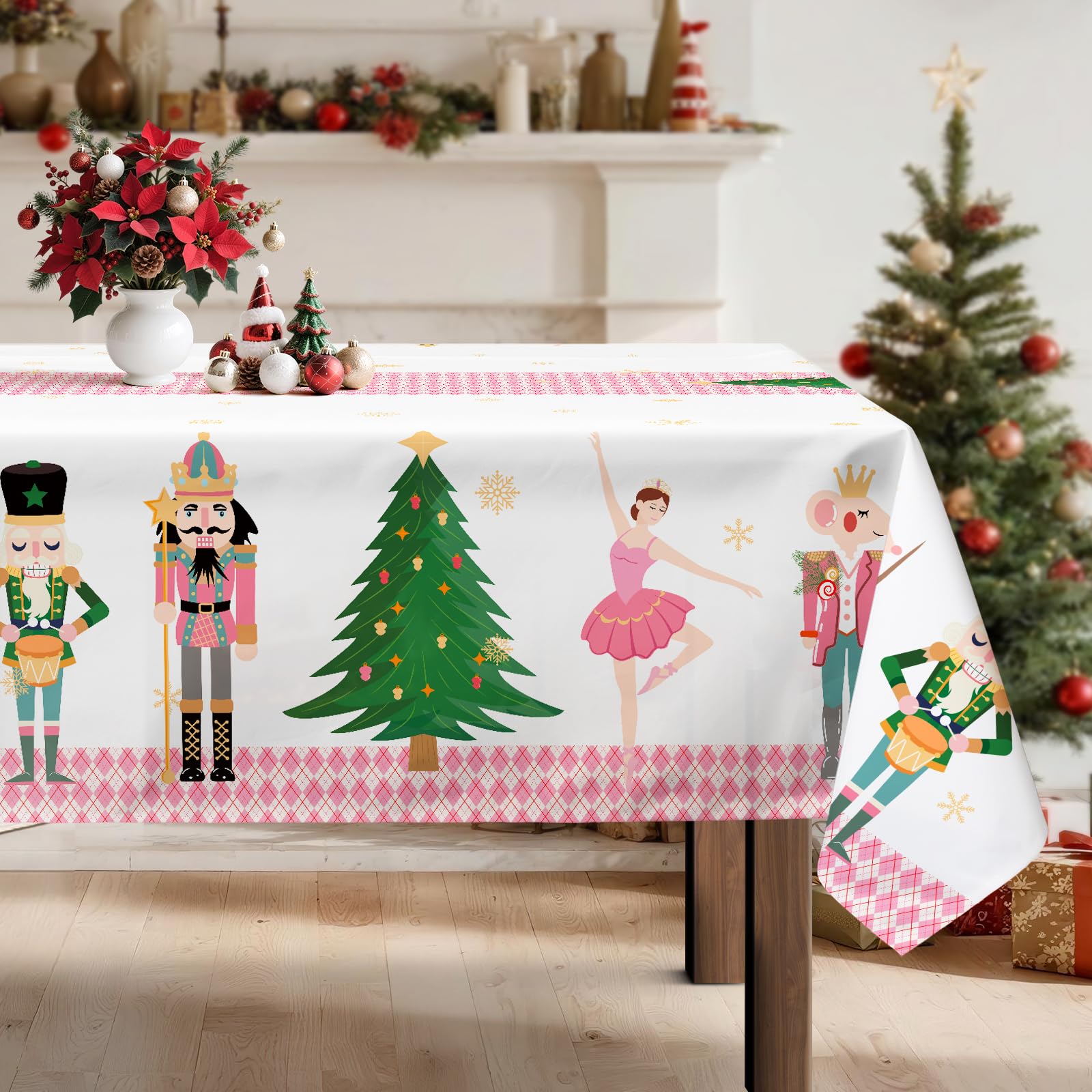 Arquiel Christmas Nutcracker Tree Tablecloth Waterproof,Pink Table Cloth Rectangle Stain Resistant, Washable Table Cover for Home Kitchen Dining Party Decoration (180 x 140 cm)