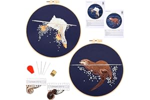 ARMINDOU Funny Embroidery Starter Kit for Beginner Adults kids, Stamped Cross Stitch Kit for Adult Beginner, Animal Hand Embroidery Needlepoint Kit, 2 Set Embroidery Supplies, 2 Hoops (Attached Video Tutorial)