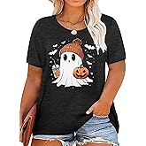 Plus Size Halloween Shirts for Women Cute Ghost Shirt Fall Graphic Tees Spooky Season Top Pumpkin Short Sleeve Tops