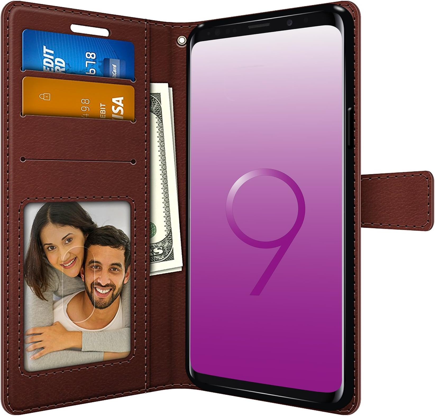 FOSO F49 PU Leather Magnetic Flip Back Cover Case for Galaxy S9+ (Brown)