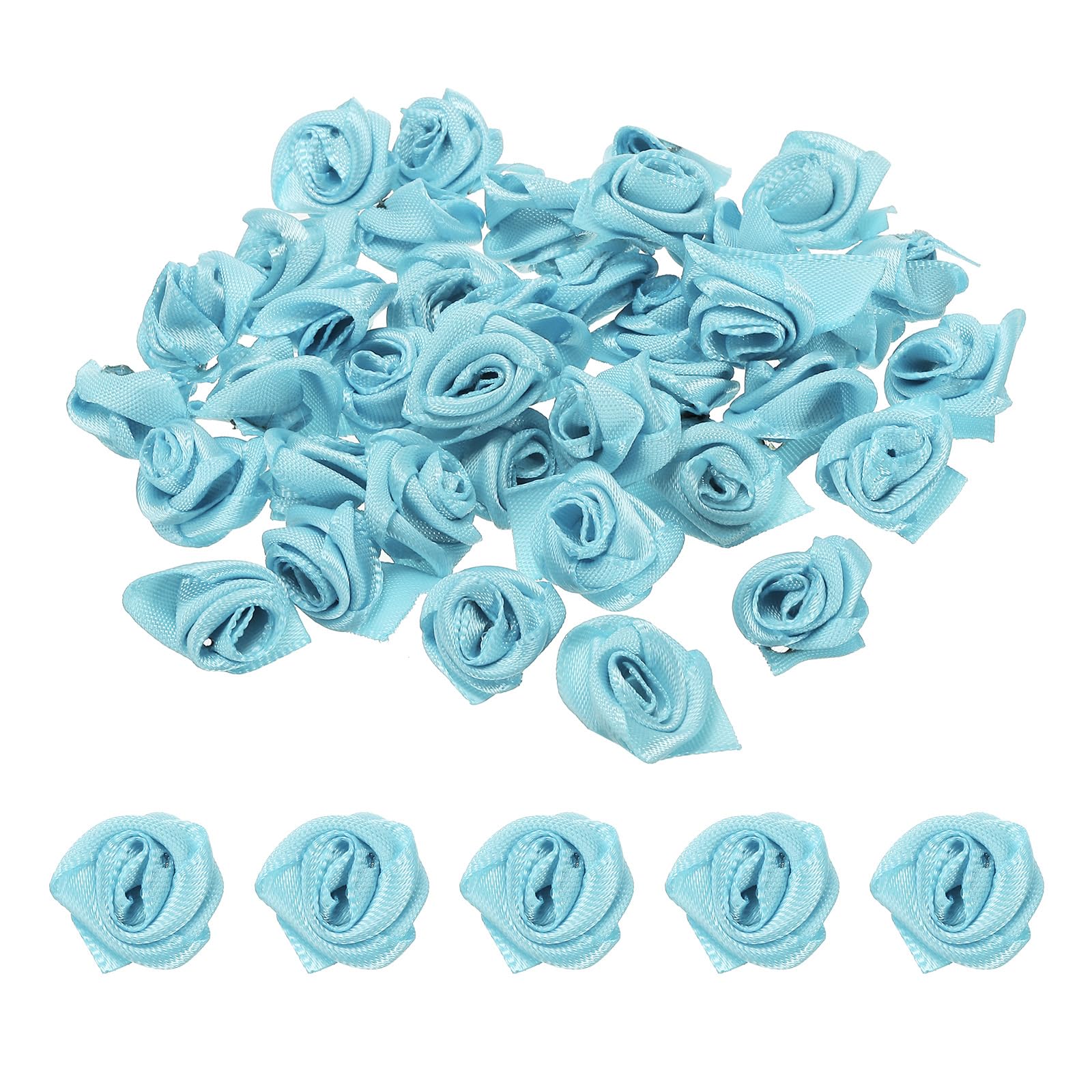 PATIKIL 0.6" Mini Satin Ribbon Roses, 50 Pcs Tiny Fabric Flowers Embellishments Rosettes Applique for DIY Crafts and Wedding, Light Blue — image 1