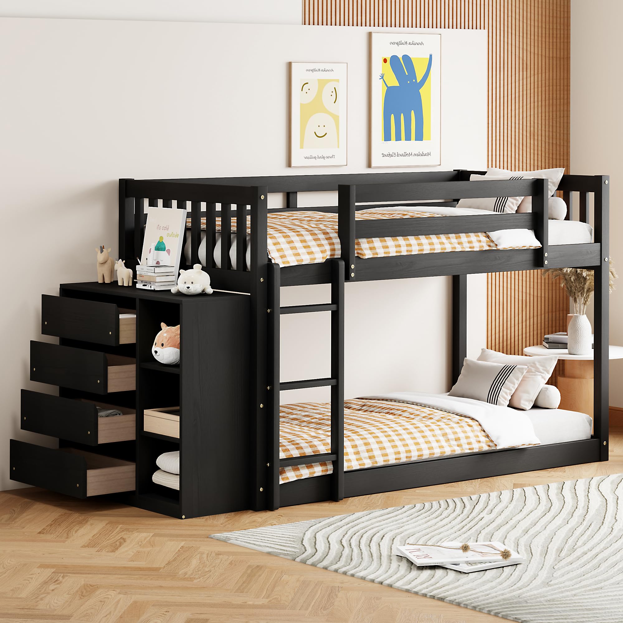 Detailed dimension diagram of the Bellemave Twin Over Twin Bunk Bed with Storage, showing all measurements in inches.