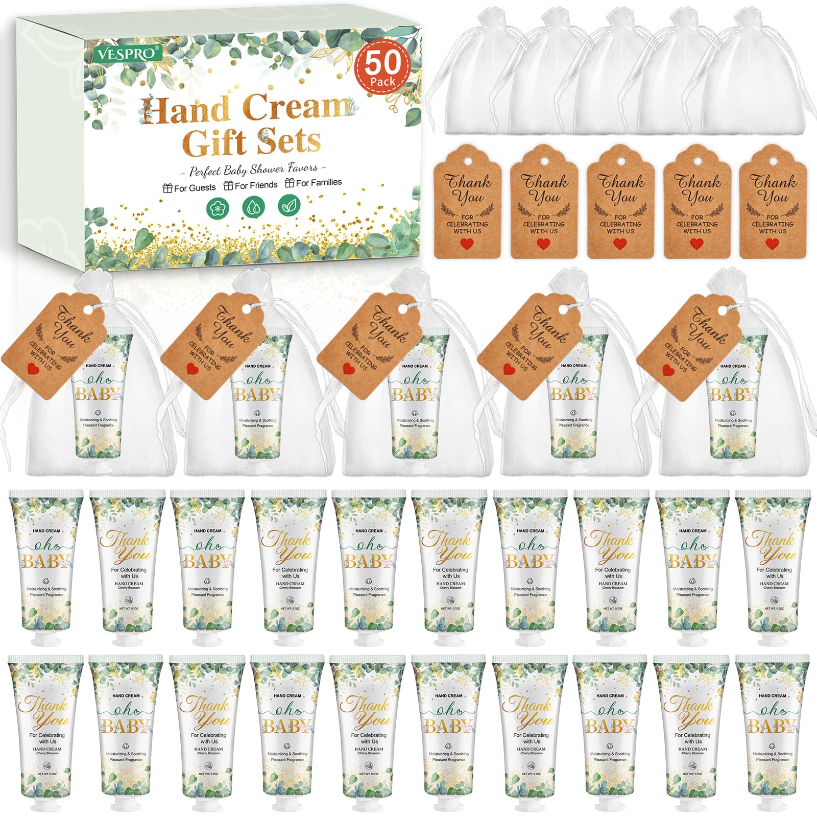 Photo 1 of 50 Sets Baby Shower Hand Cream Bulk Gifts, Bridal Shower Favors and Baby Shower Favors for Guests with Thank You Card and Organza Gift Bags, Thank You Gifts for Women Coworkers (Oh Baby)